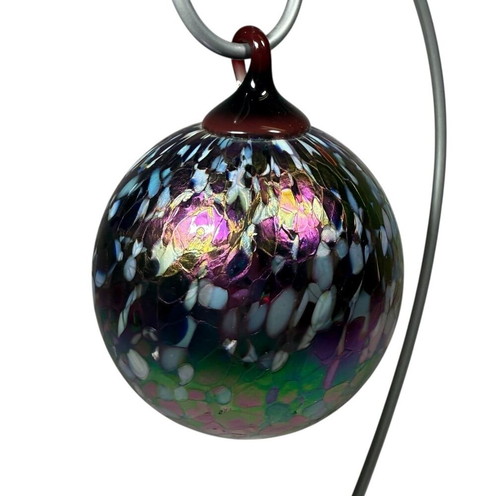 Hand Blown Glass Ornament 4” Multicolor Dark Blue Purple